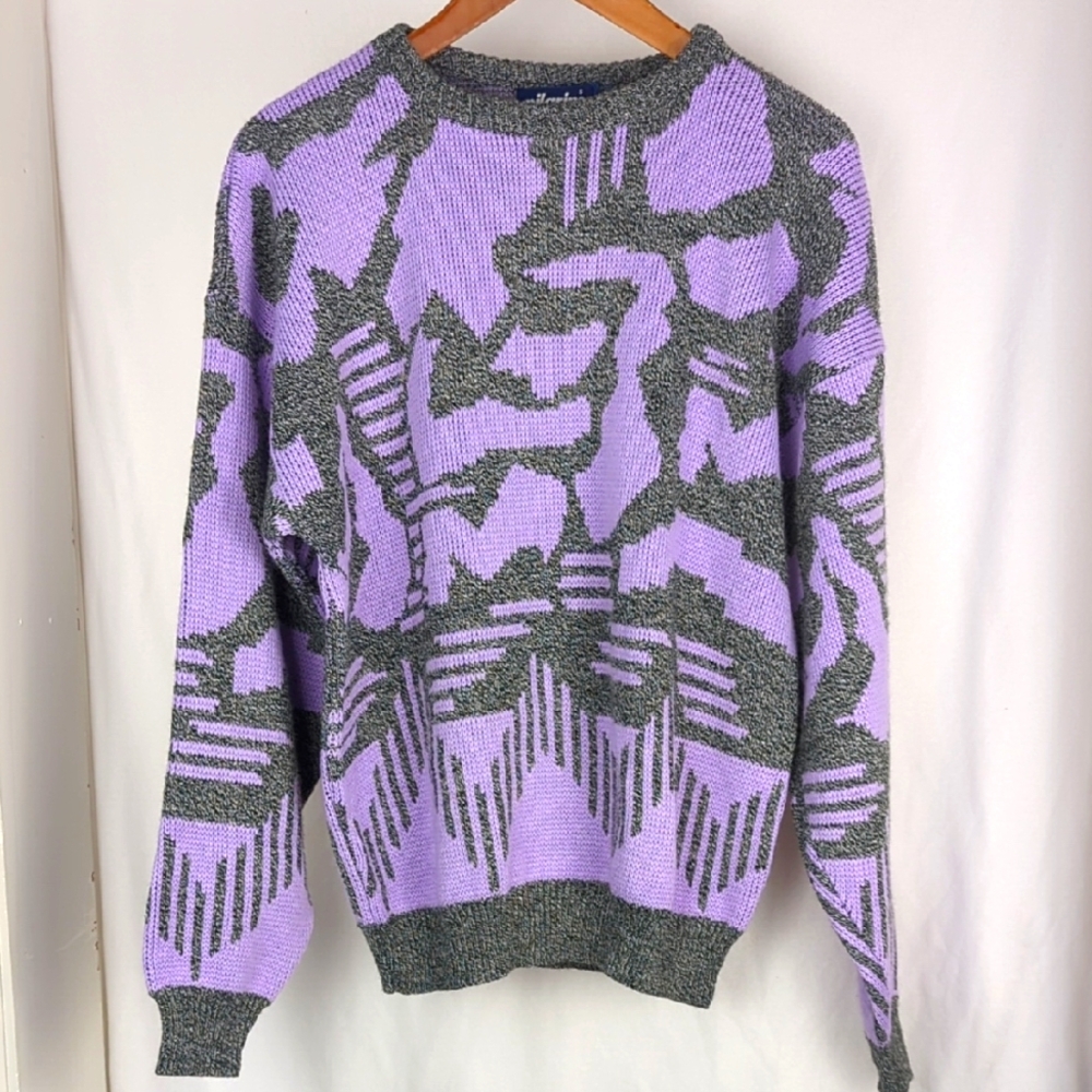 VINTAGE 1980s Pilgrim Sweater Adult Unisex Purple Gray Abstract